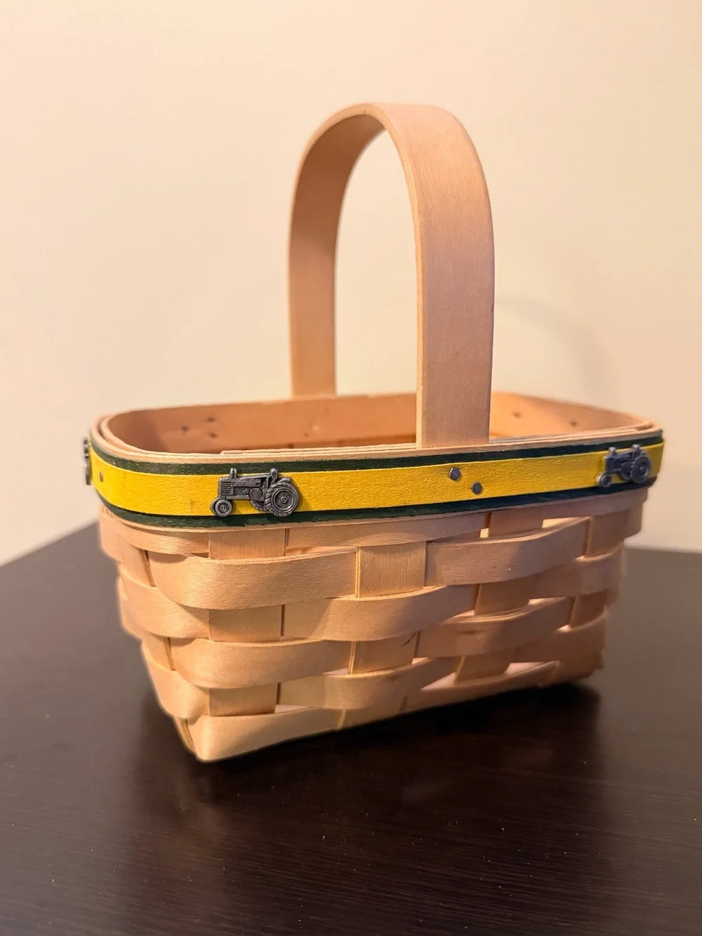 Handwoven Longaberger Wood Basket with Yellow Trim and Tractor Charms